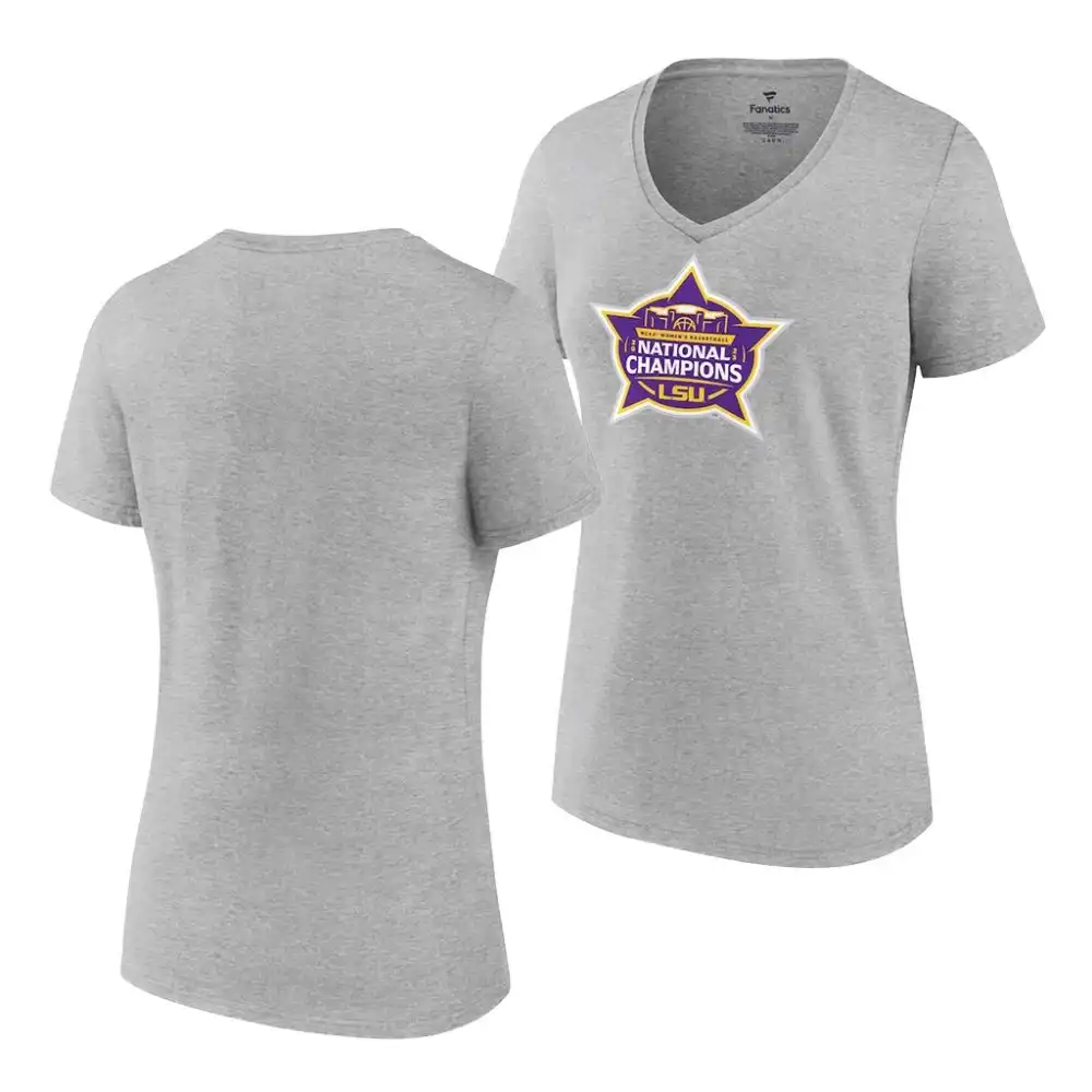 Women's LSU Tigers National Champions 2023 V-Neck Gray NCAA Basketball T-Shirt